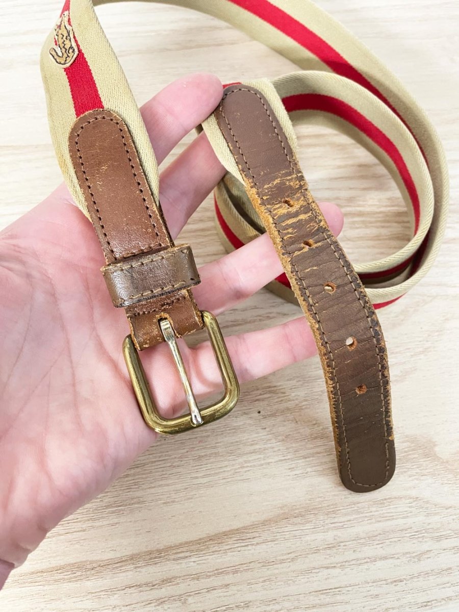 vintage lacoste stripe canvas stretch leather trim belt - good market thrift store