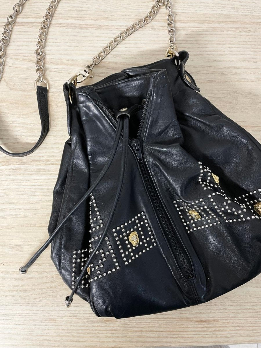 vintage 80s lion studded leather drawstring bag | made in italy - good market thrift store