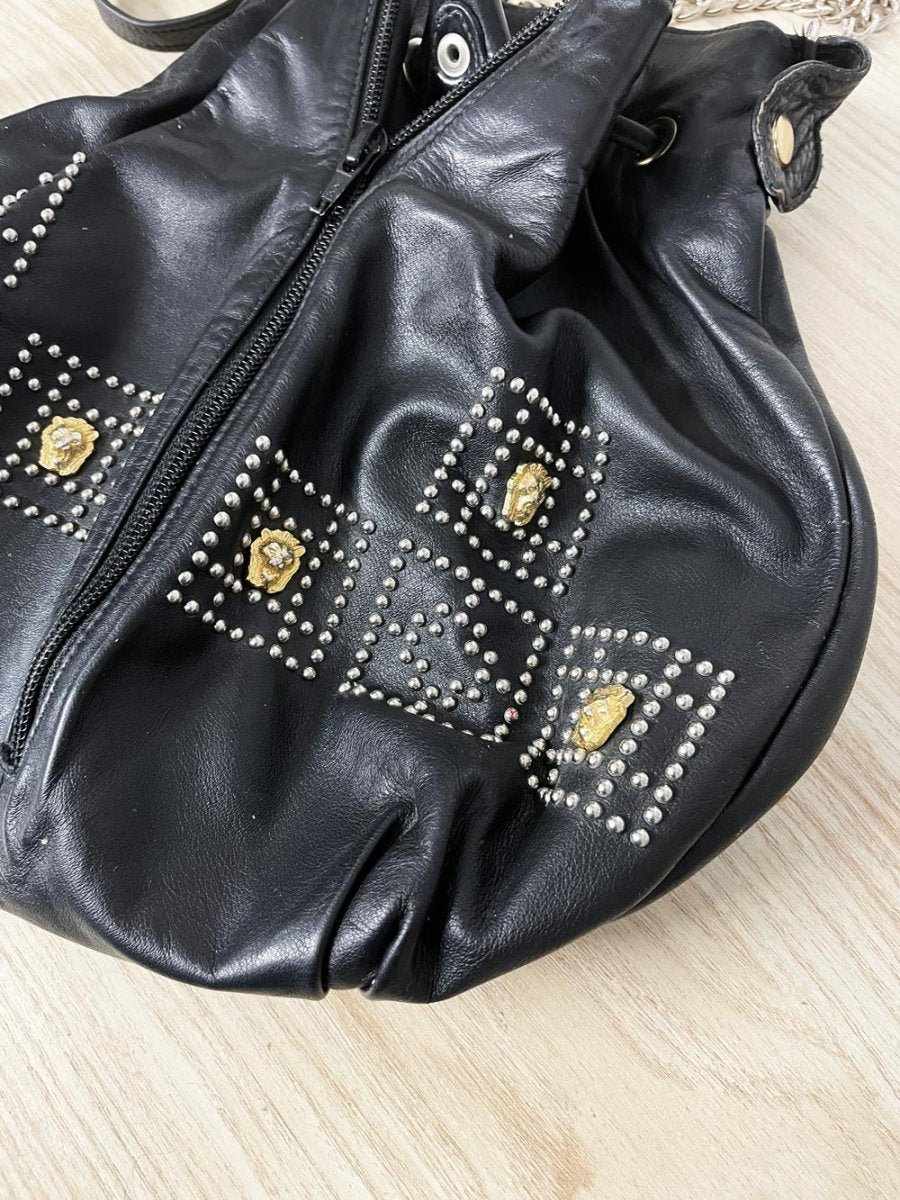 vintage 80s lion studded leather drawstring bag | made in italy - good market thrift store