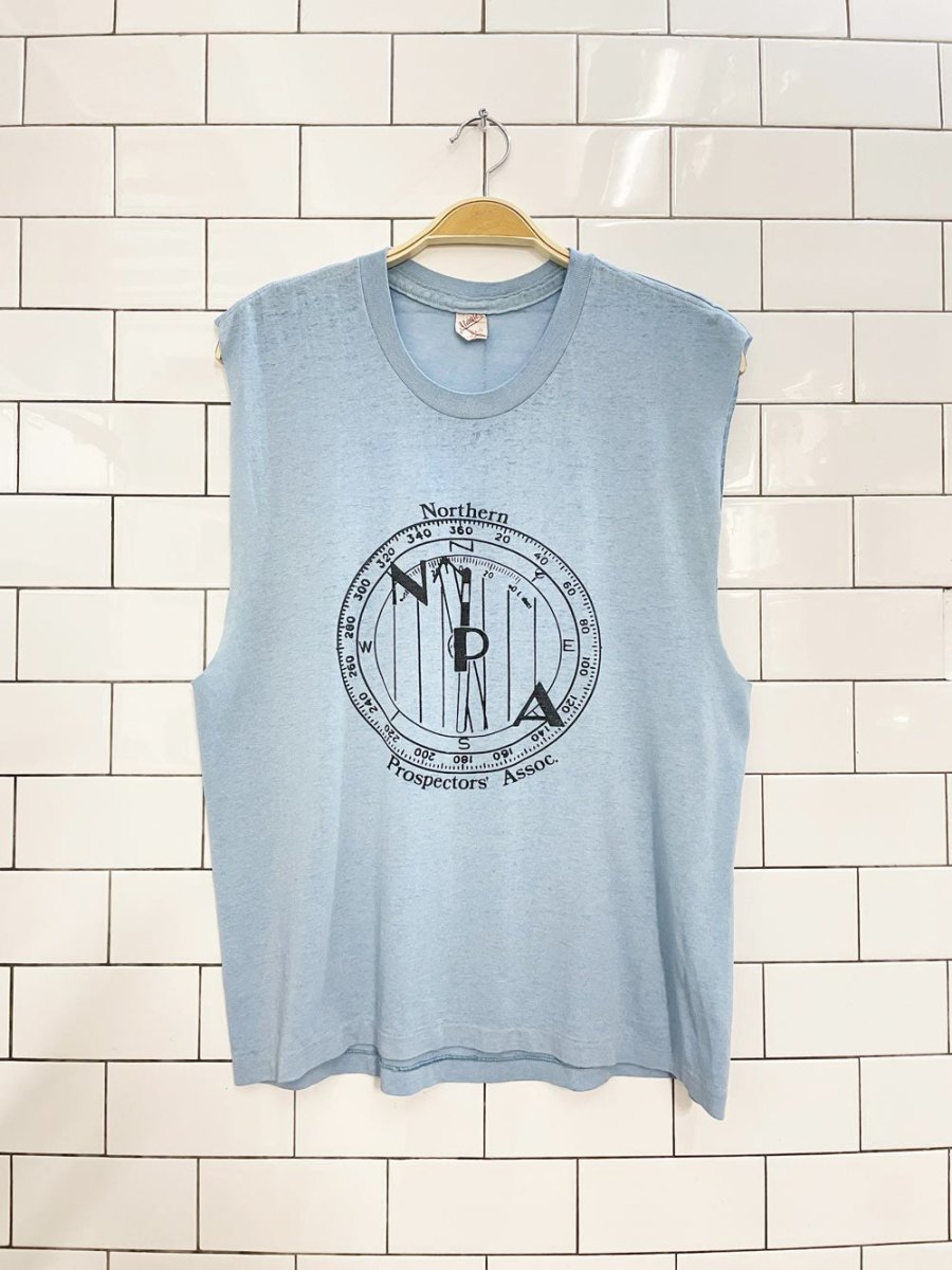 vintage 80s mackle single - stitch NPA sleeveless tee | northern prospectors' assoc. - good market thrift store