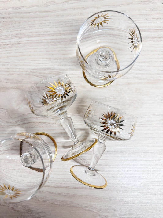 x4 vintage MCM gold sunburst aperatif stemmed glasses | mid-century