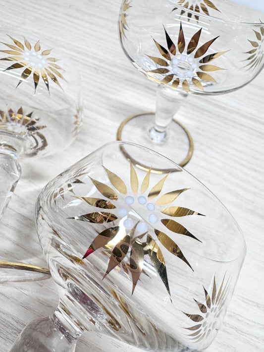 x4 vintage MCM gold sunburst aperatif stemmed glasses | mid-century