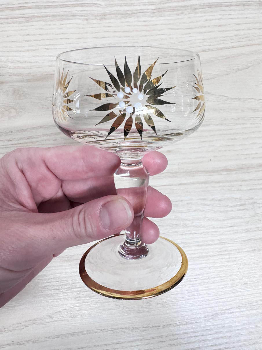 x4 vintage MCM gold sunburst aperatif stemmed glasses | mid-century
