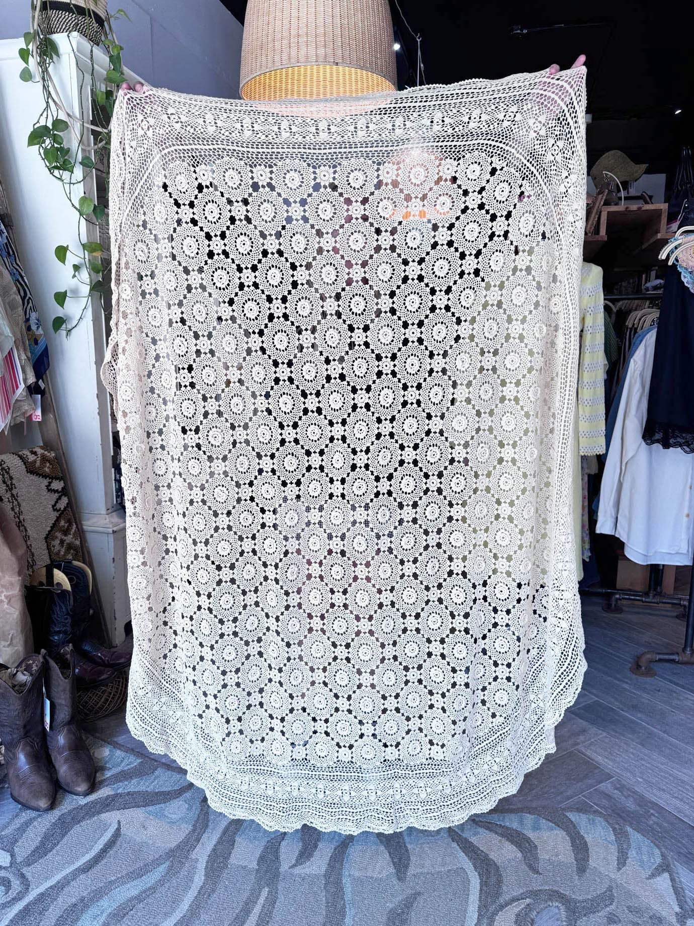 vintage crochet knit intricate floral table cloth