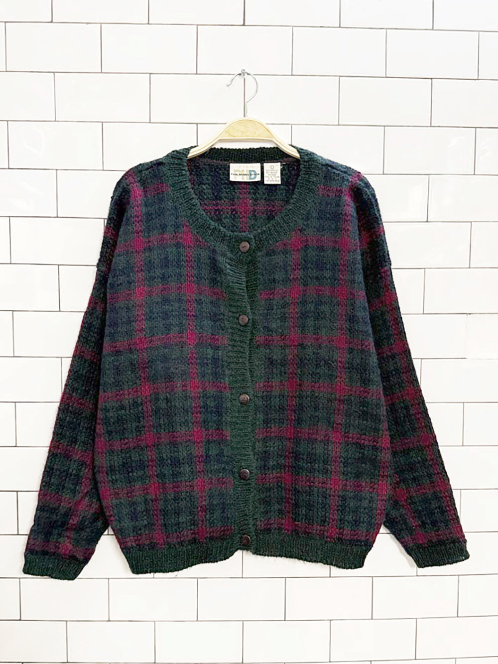vintage paul harris mohair-blend plaid knit cardigan