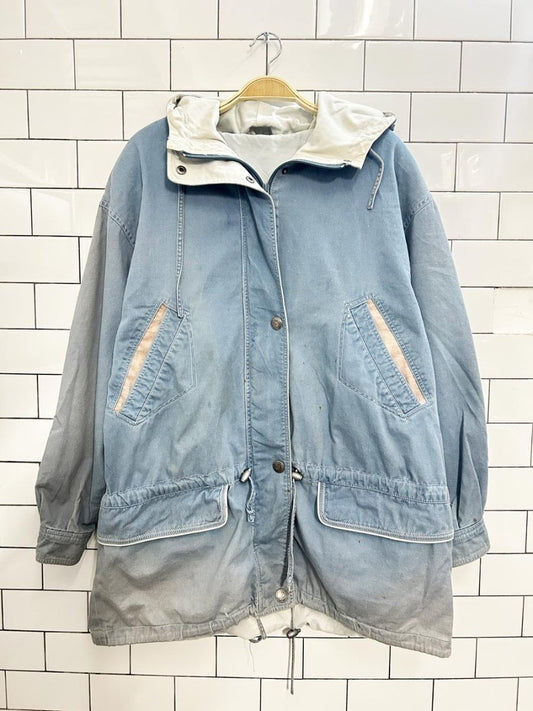 vintage 80s white trim hooded denim jacket - good market thrift store