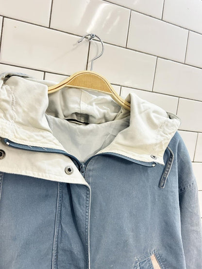 vintage 80s white trim hooded denim jacket - good market thrift store