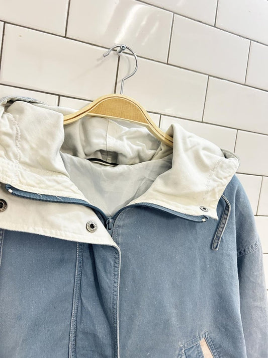 vintage 80s white trim hooded denim jacket - good market thrift store