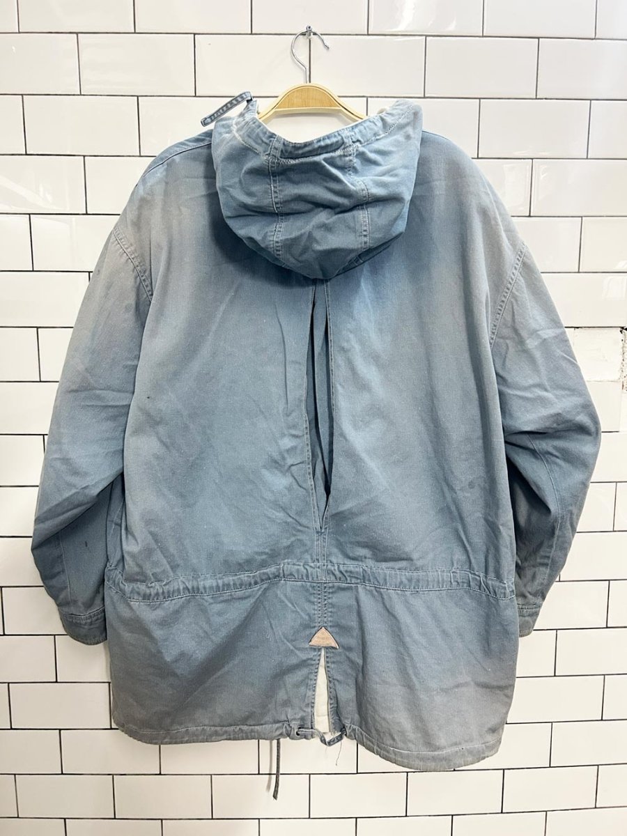 vintage 80s white trim hooded denim jacket - good market thrift store