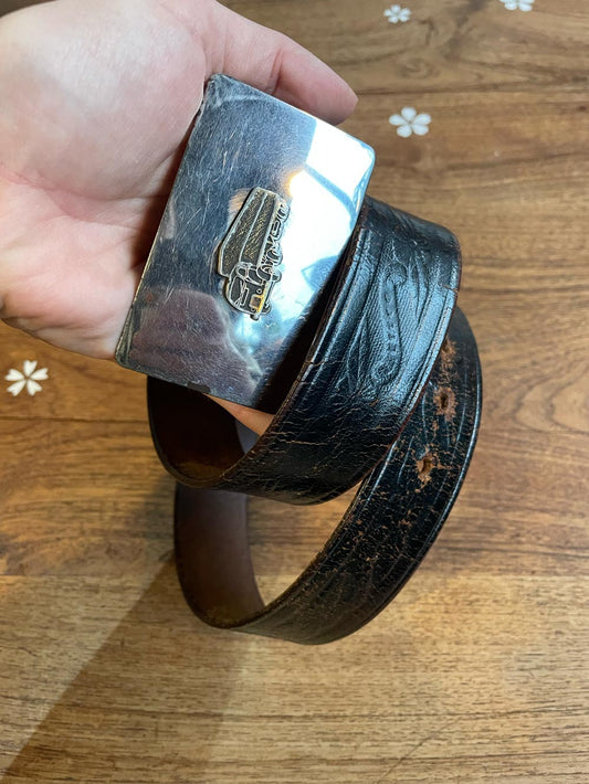 vintage tooled leather belt with transport truck buckle