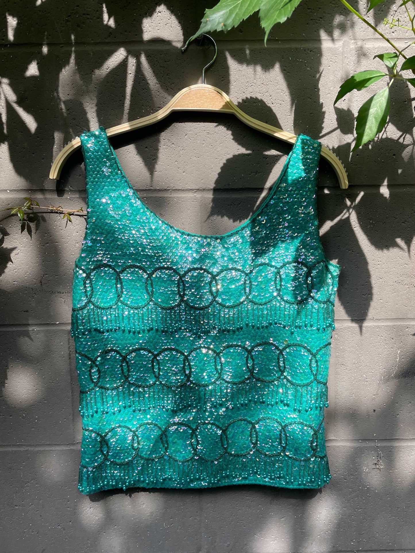 vintage hand beaded aqua tank