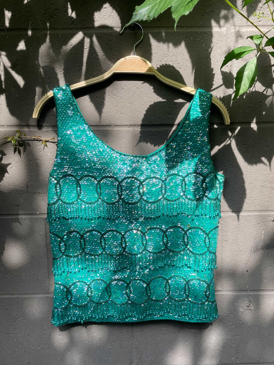 vintage hand beaded aqua tank