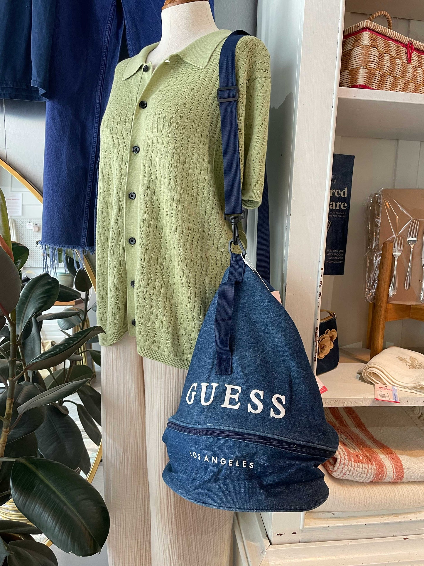 guess denim bucket sling backpack