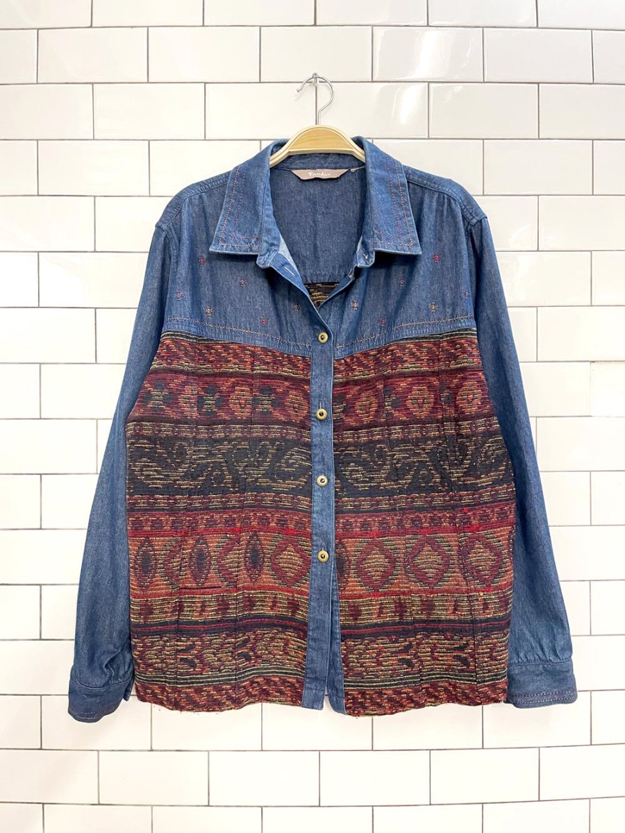 vintage 00s tanjay southwestern tapestry patchwork denim jacket - good market thrift store