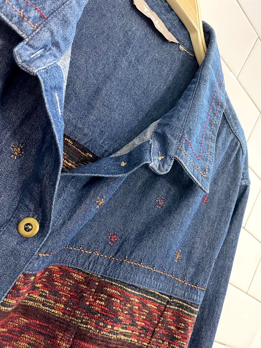 vintage 00s tanjay southwestern tapestry patchwork denim jacket - good market thrift store