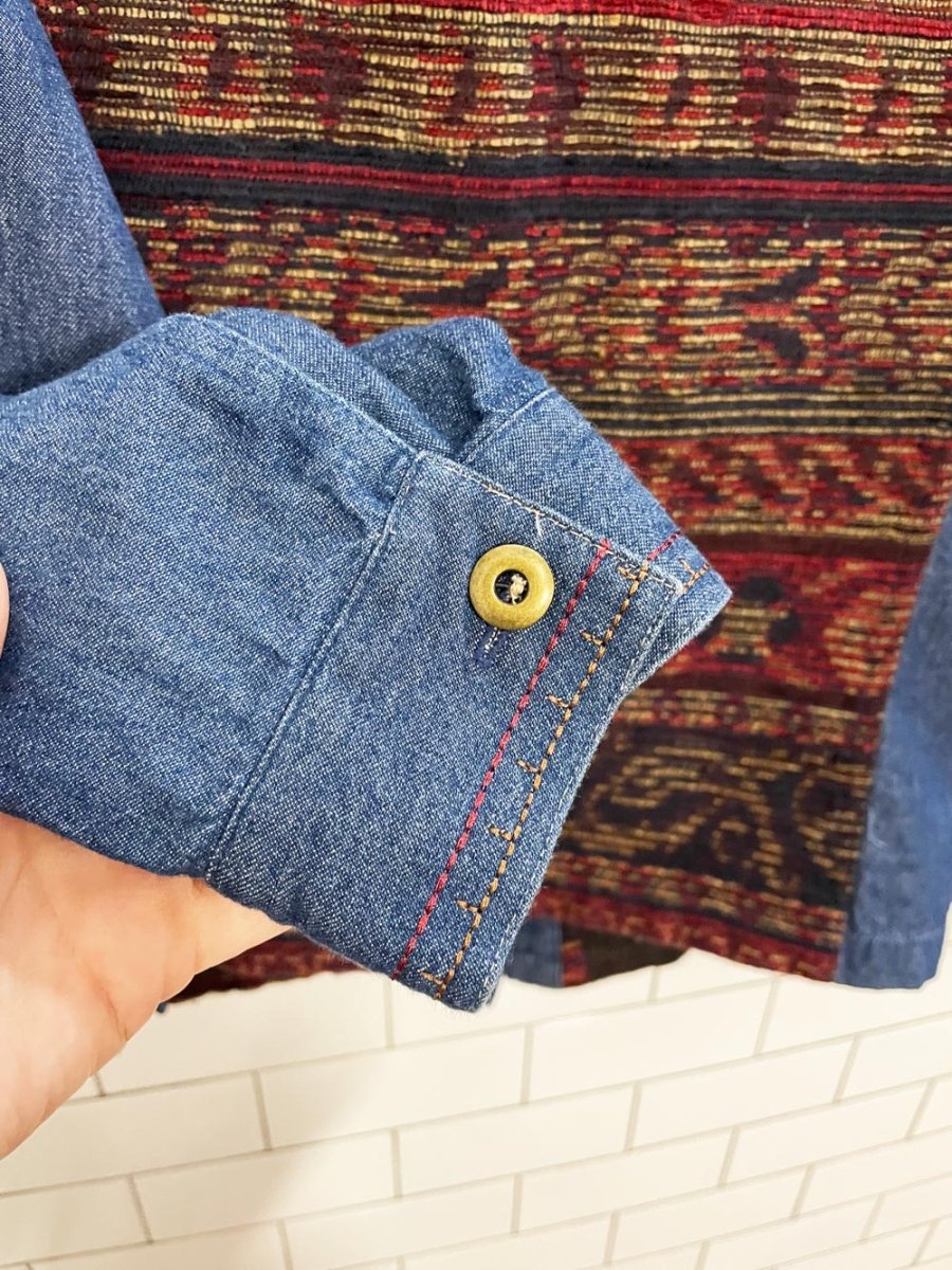 vintage 00s tanjay southwestern tapestry patchwork denim jacket - good market thrift store