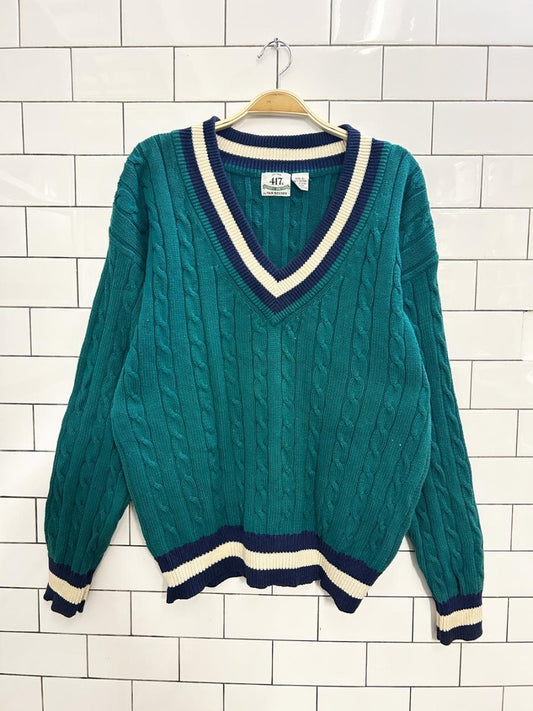 vintage 417 van heusen cable knit v neck tennis prep sweater - good market thrift store