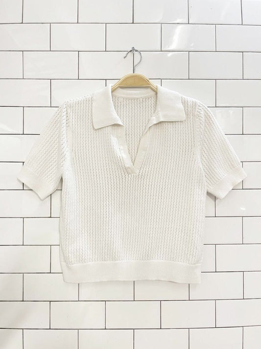 white pointelle knit short sleeve polo - good market thrift store