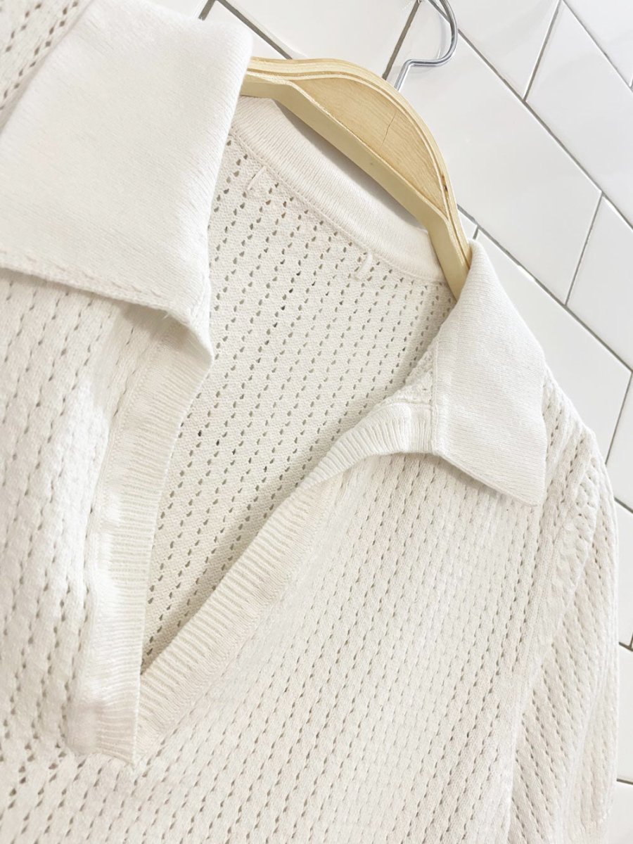 white pointelle knit short sleeve polo - good market thrift store