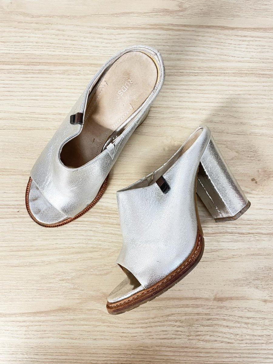 rudsak metallic silver leather open toe heeled mules - good market thrift store