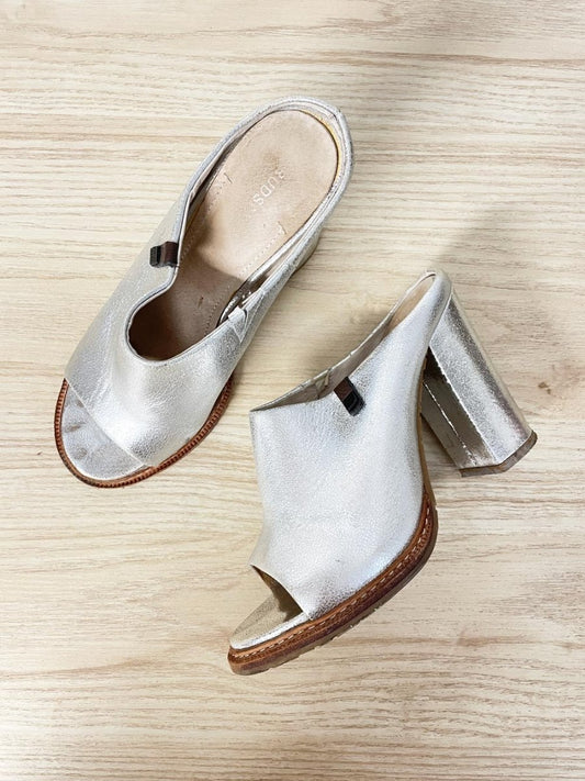 rudsak metallic silver leather open toe heeled mules - good market thrift store