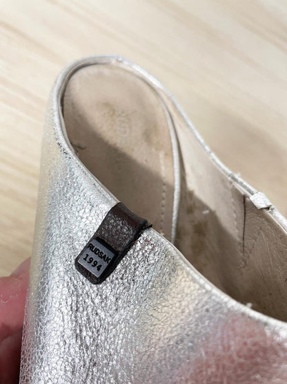 rudsak metallic silver leather open toe heeled mules - good market thrift store