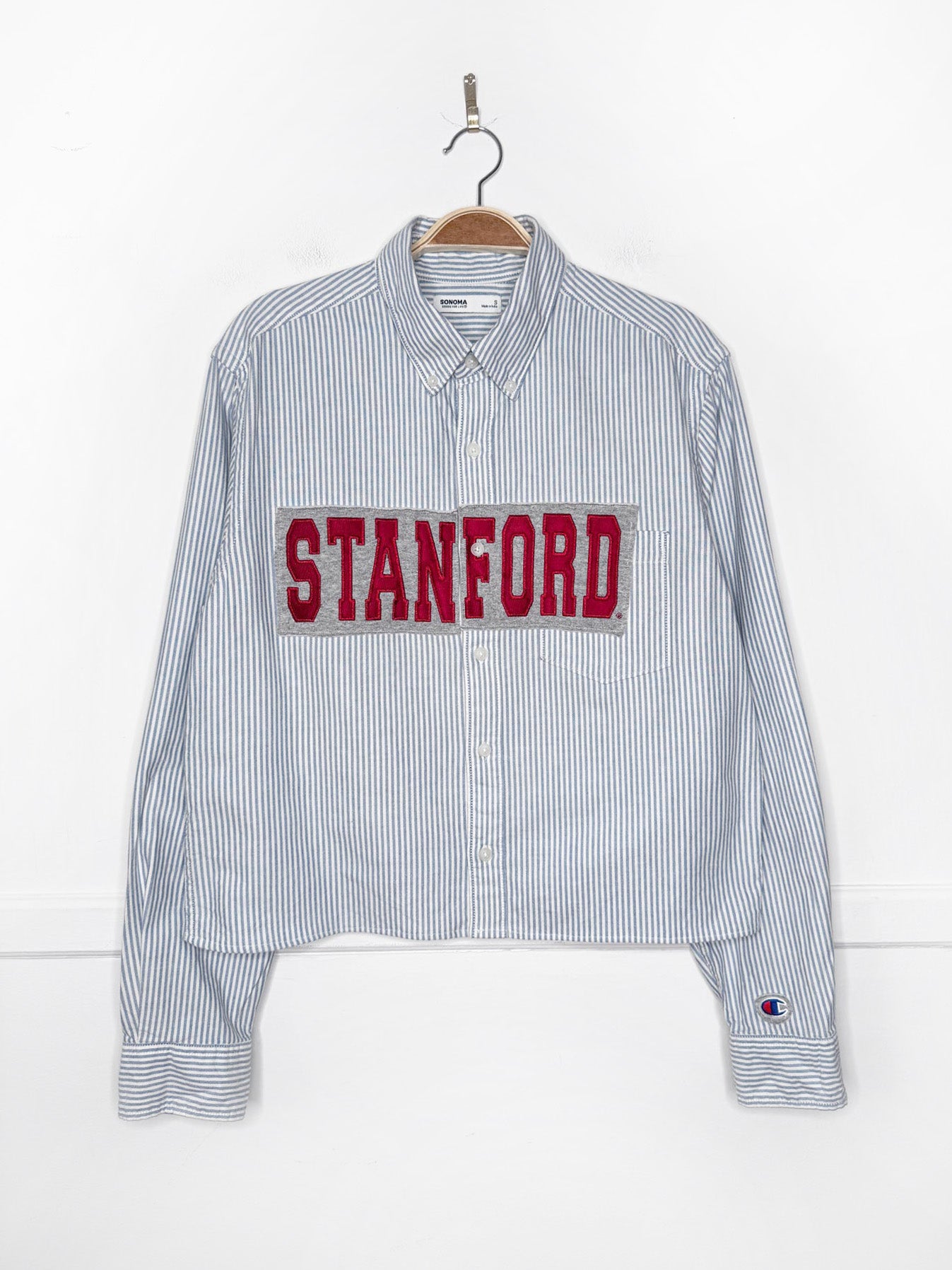 champion x stanford university blue stripe sporty prep cropped shirt | rework