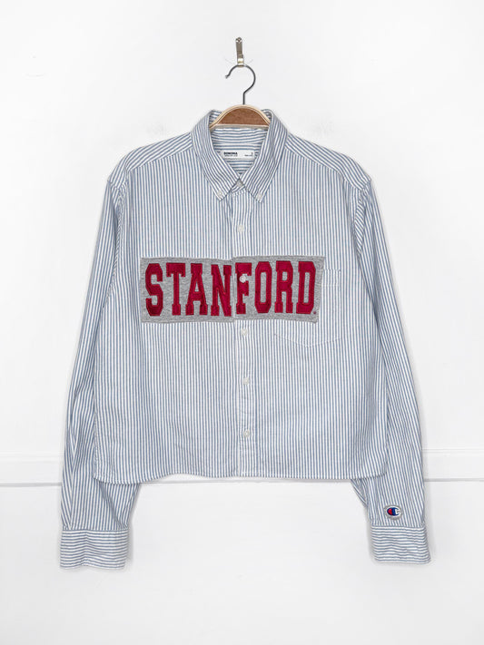 champion x stanford university blue stripe sporty prep cropped shirt | rework