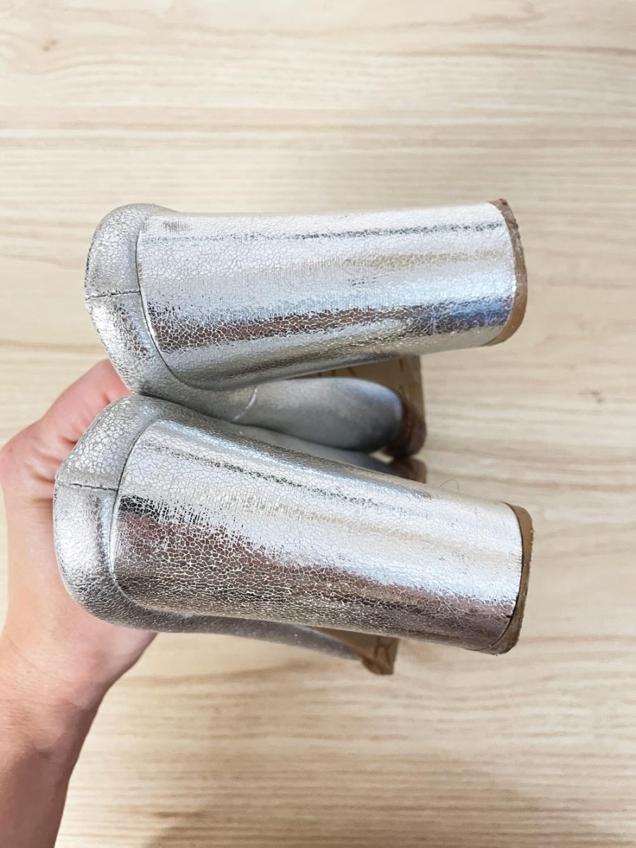 rudsak metallic silver leather open toe heeled mules - good market thrift store