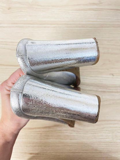 rudsak metallic silver leather open toe heeled mules - good market thrift store