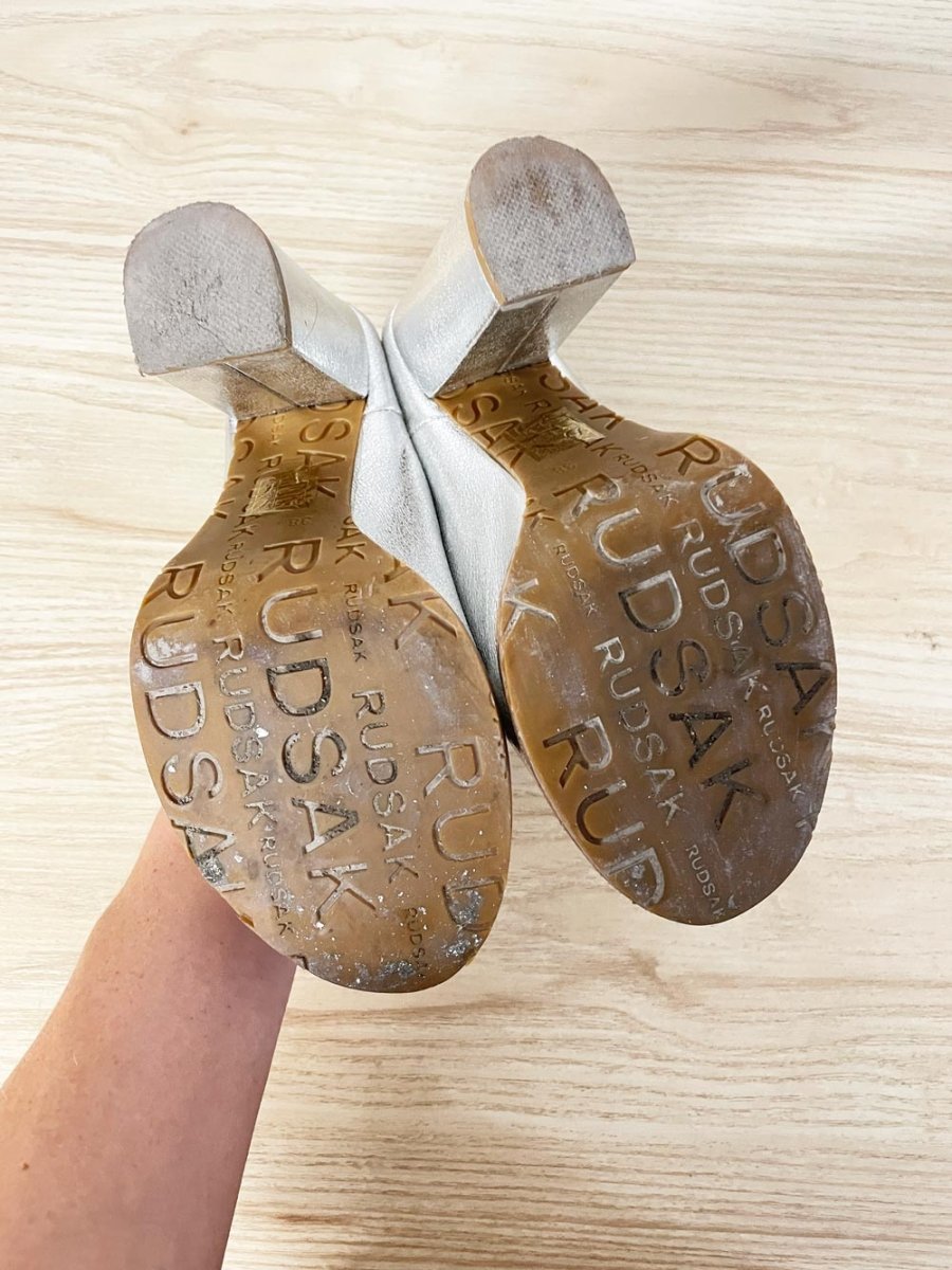 rudsak metallic silver leather open toe heeled mules - good market thrift store