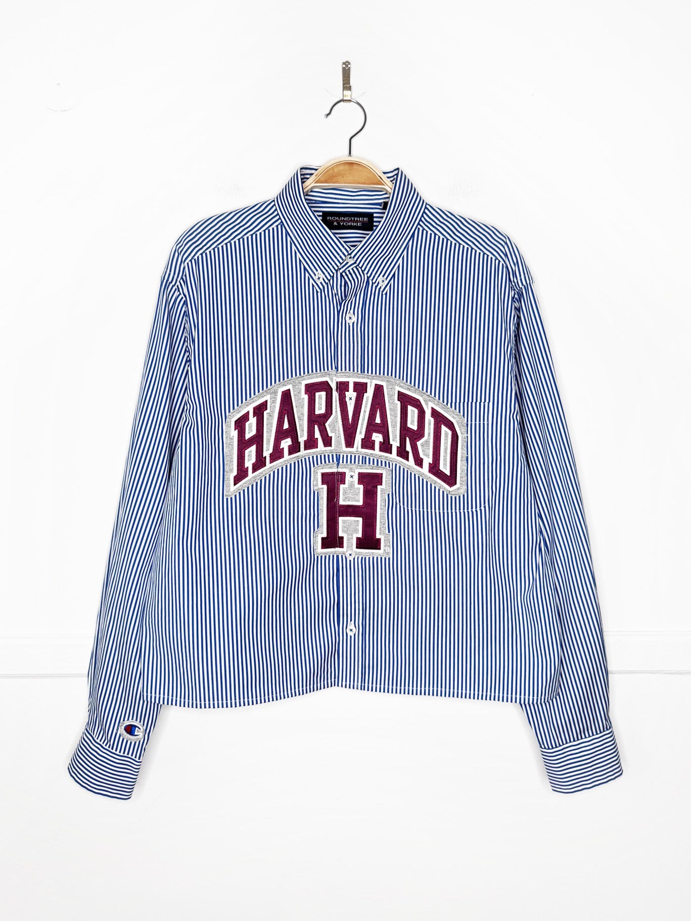 harvard x champion blue stripe sporty prep cropped shirt | rework