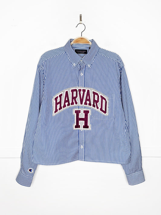 harvard x champion blue stripe sporty prep cropped shirt | rework
