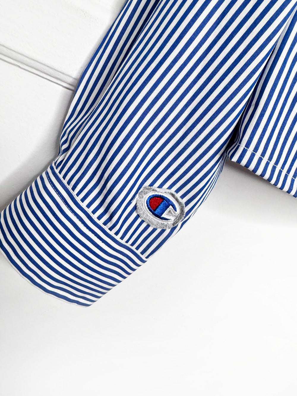 harvard x champion blue stripe sporty prep cropped shirt | rework