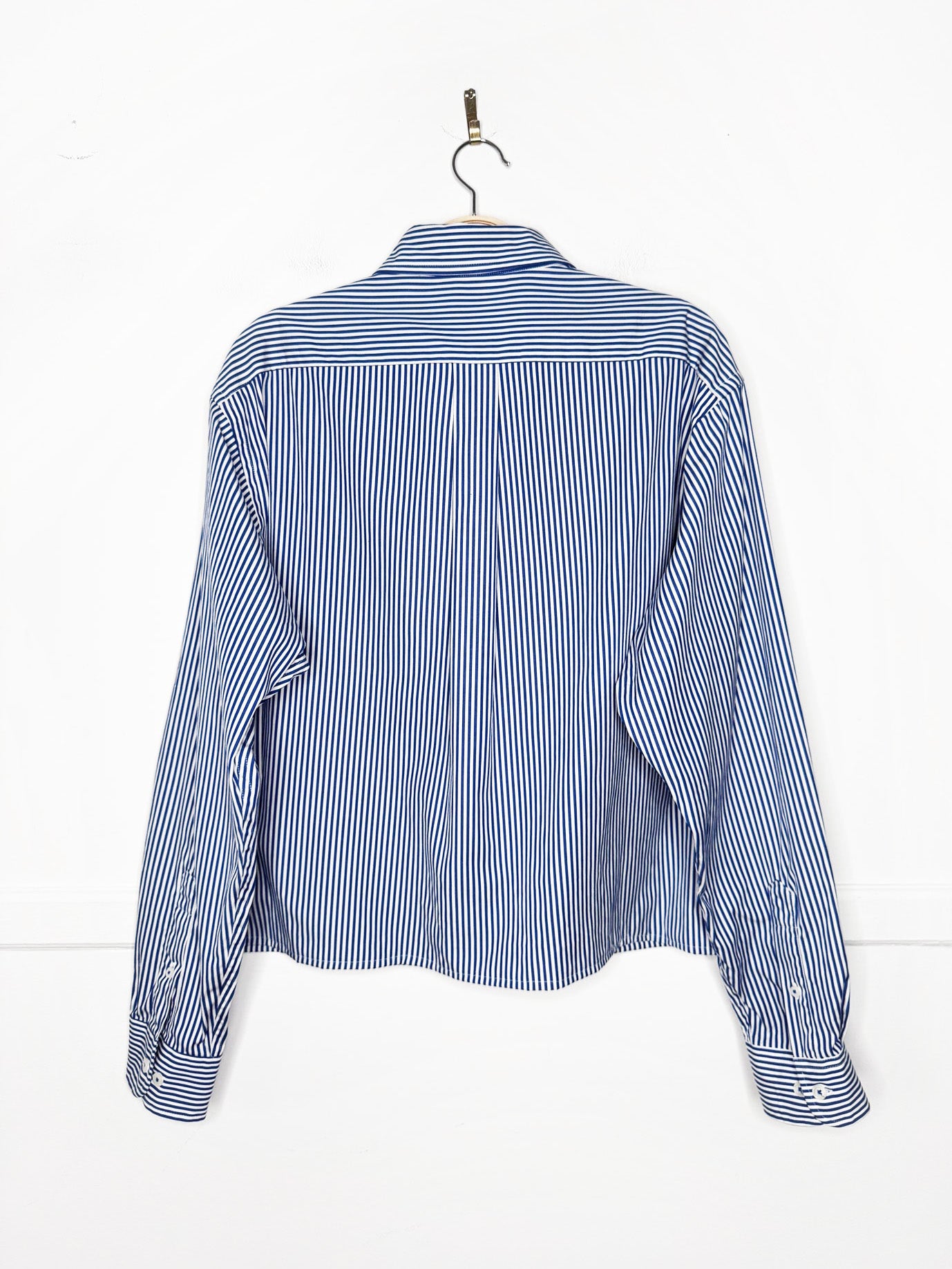 harvard x champion blue stripe sporty prep cropped shirt | rework