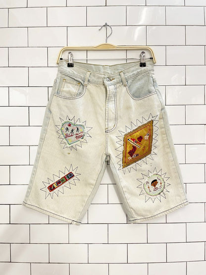 vintage 90s blush on pattern patchwork long denim shorts - good market thrift store