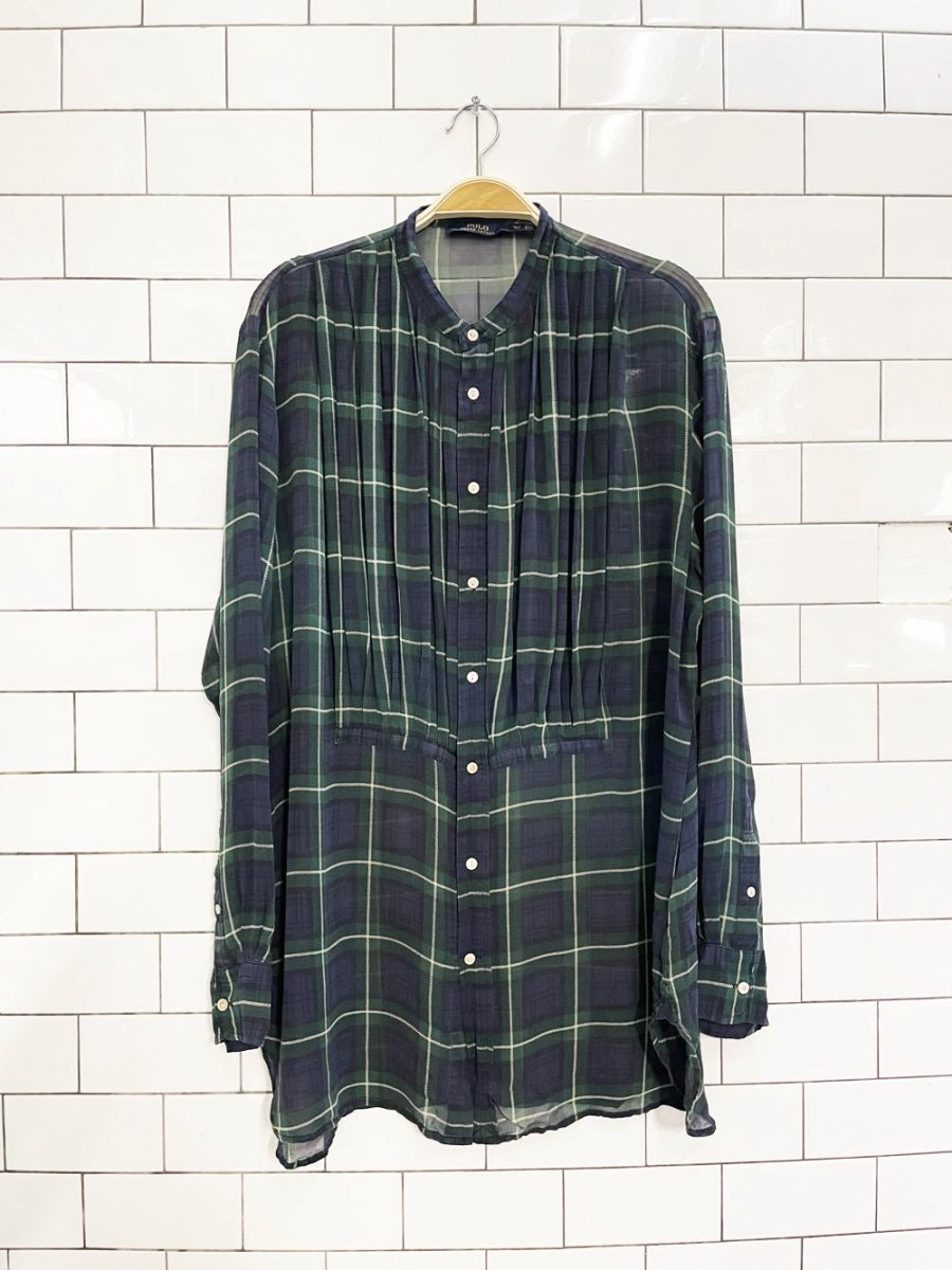 polo ralph lauren 100% silk chiffon plaid tuxedo ruffle blouse - good market thrift store