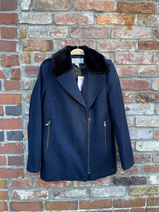 h&m navy faux fur collar wool-blend jacket
