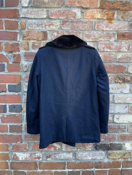h&m navy faux fur collar wool-blend jacket