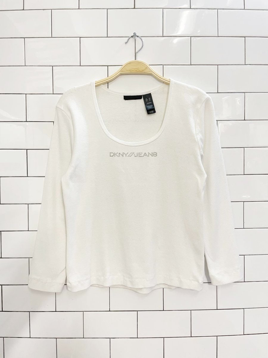 y2k dkny jeans gem logo baby rib long sleeve top - good market thrift store