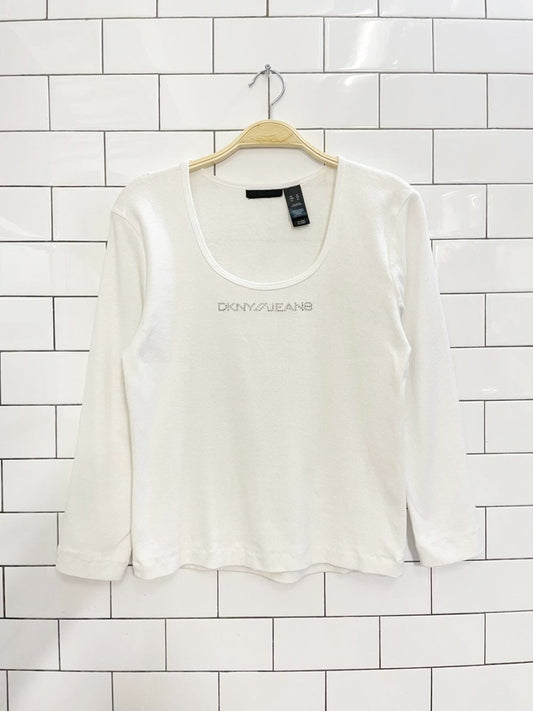 y2k dkny jeans gem logo baby rib long sleeve top - good market thrift store