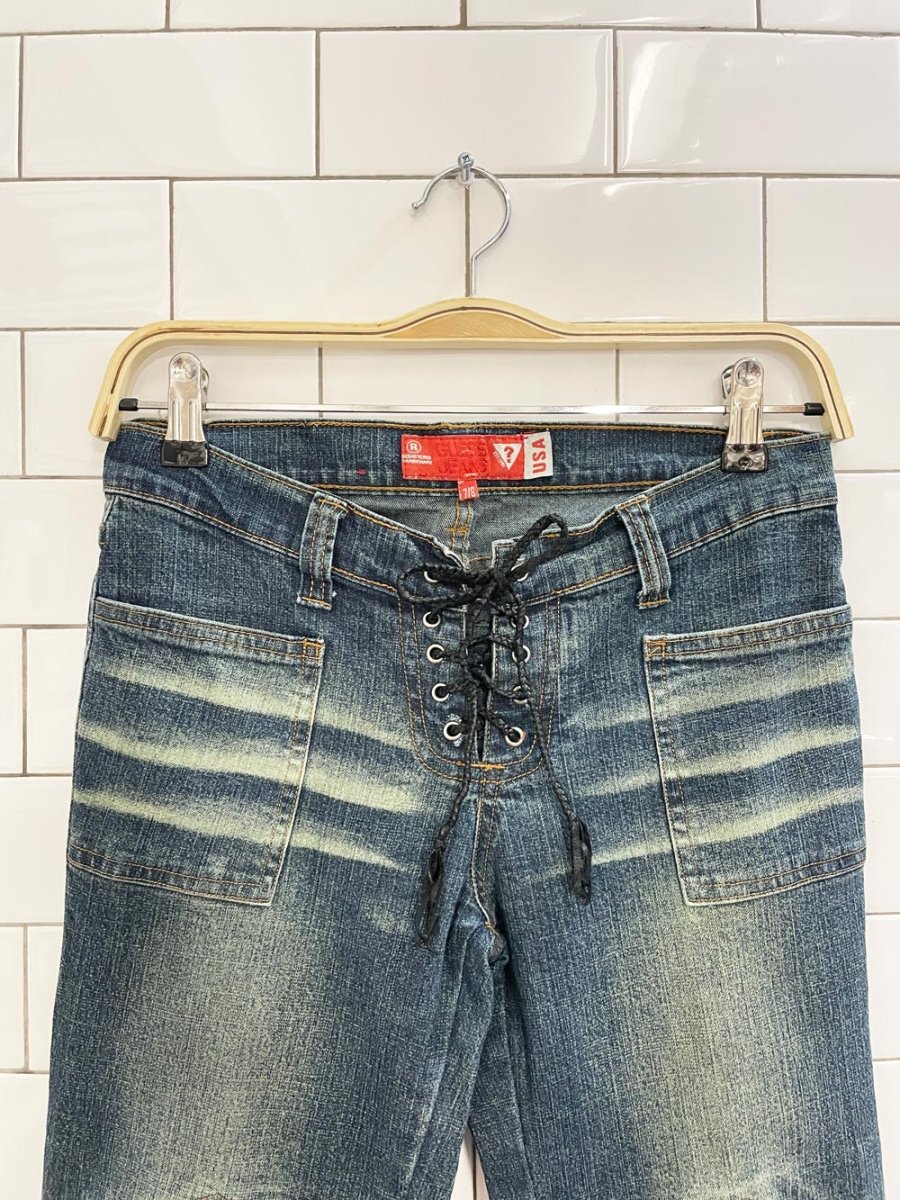 y2k guess low rise leather lace up flare leg jeans - good market thrift store