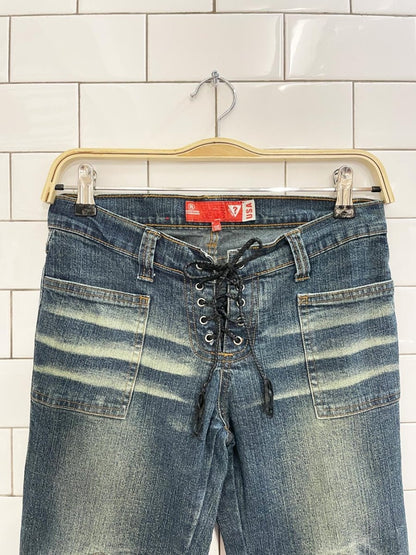y2k guess low rise leather lace up flare leg jeans - good market thrift store