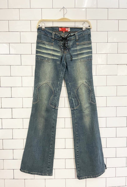 y2k guess low rise leather lace up flare leg jeans - good market thrift store
