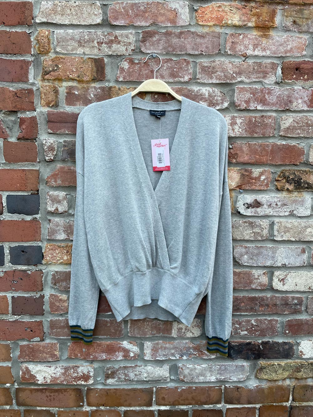 anthro current air faux wrap sweater w stripe cuff