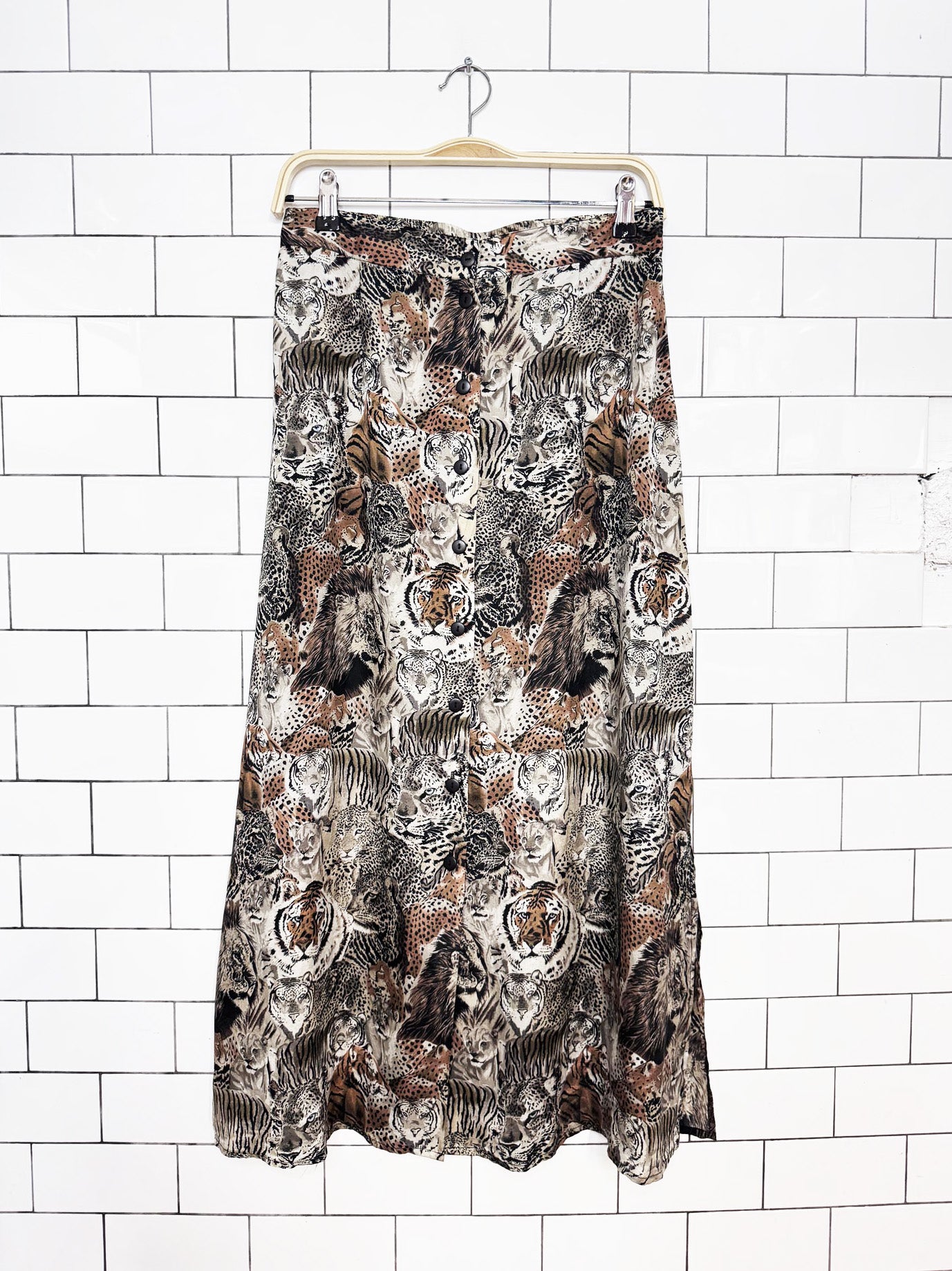 vintage 90s anna and frank 100% silk jungle animals full button maxi skirt
