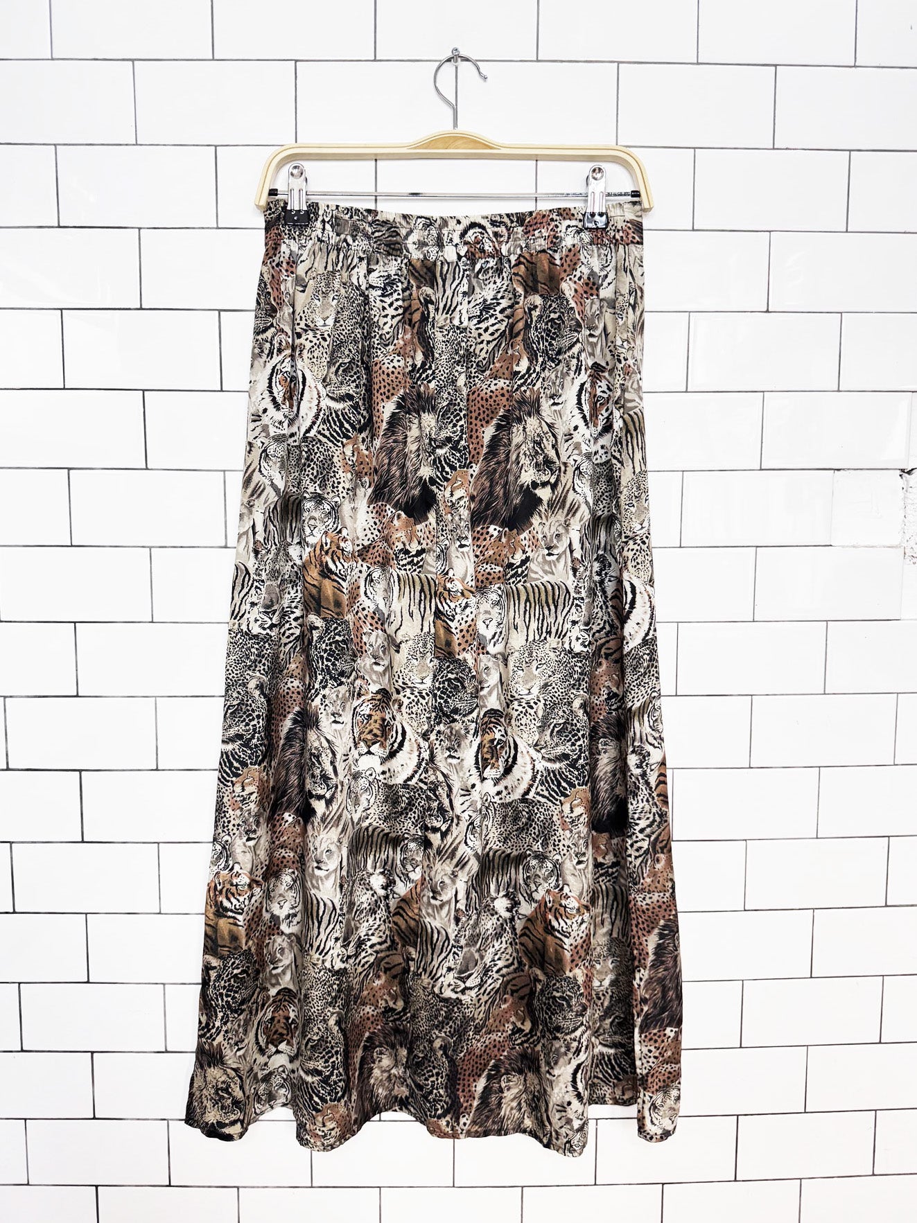 vintage 90s anna and frank 100% silk jungle animals full button maxi skirt