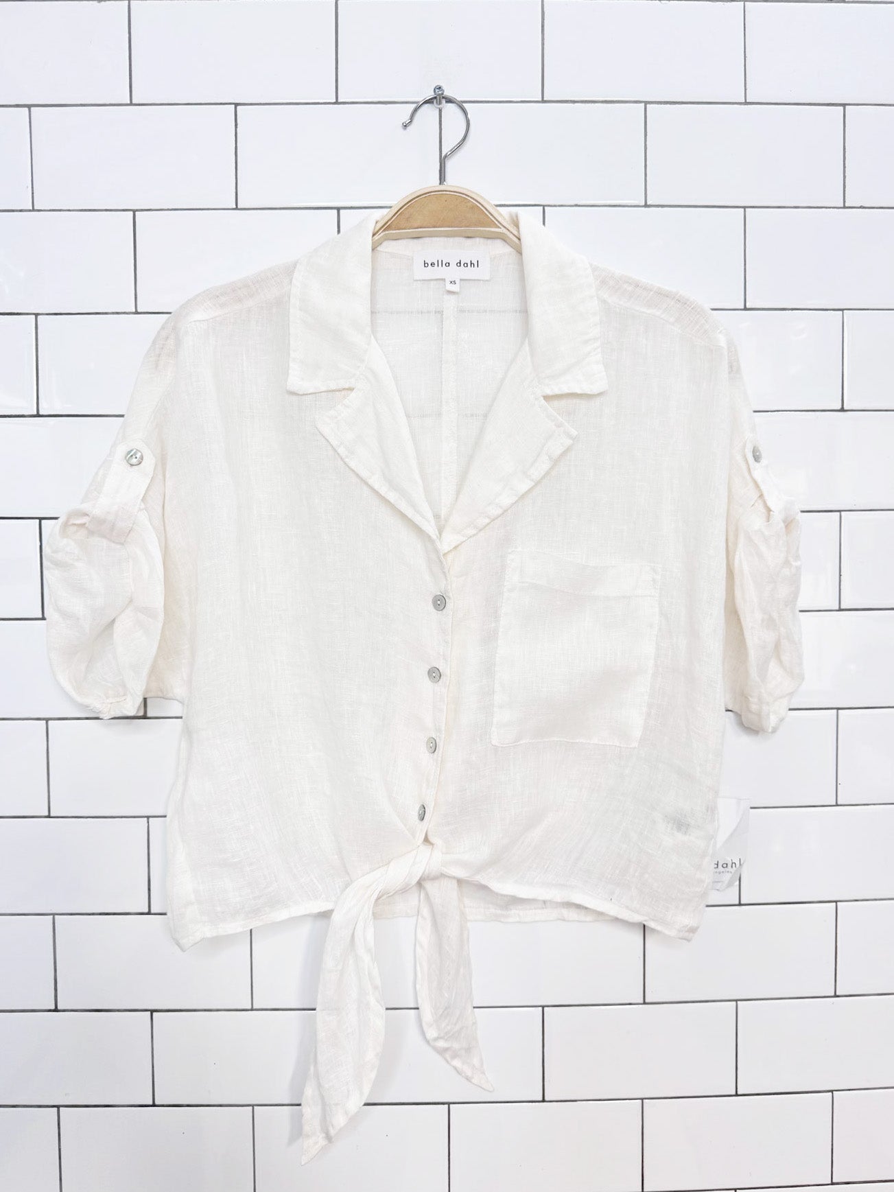 nwt bella dahl 100% linen tie front relaxed fit crop shirt