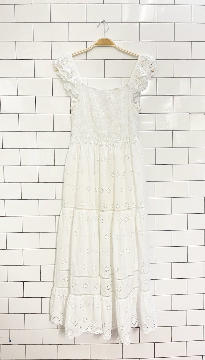 & other stories boho prairie smocked eyelet tiered midi dress - good market thrift store