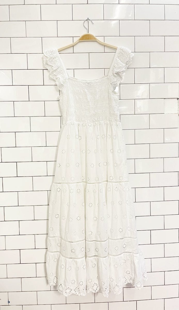 & other stories boho prairie smocked eyelet tiered midi dress - good market thrift store